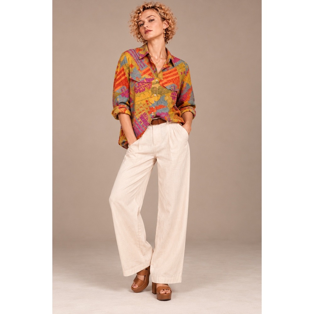 IOS Large Multicolor Silk Linen Abstract Print Button Down Blouse